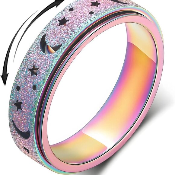 Anxiety Ring for Women Spinner Rings:Rotating Rings Stainless Steel 6mm Moon Sta - Picture 1 of 7